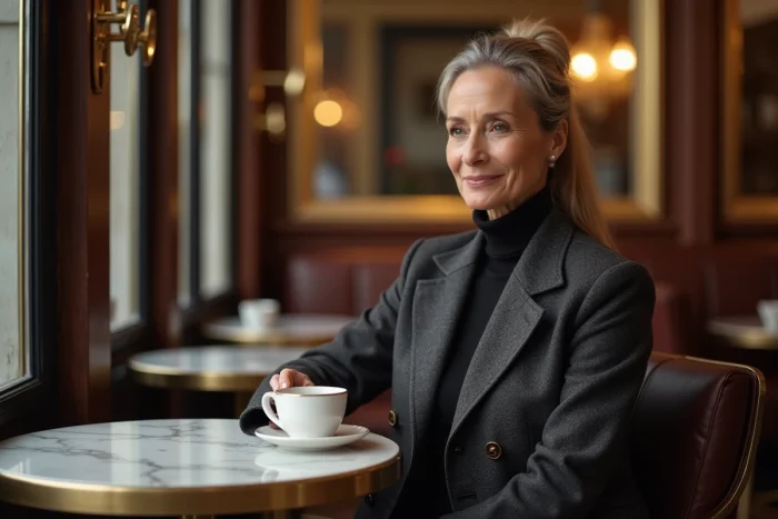Femme élégante assise dans une brasserie parisienne classique, symbolisant la discrétion de la vie privée d'un couple médiatique