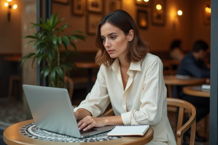 Femme rédigeant un email dans un café parisien avec un carnet de notes pour contacter quelqu'un efficacement