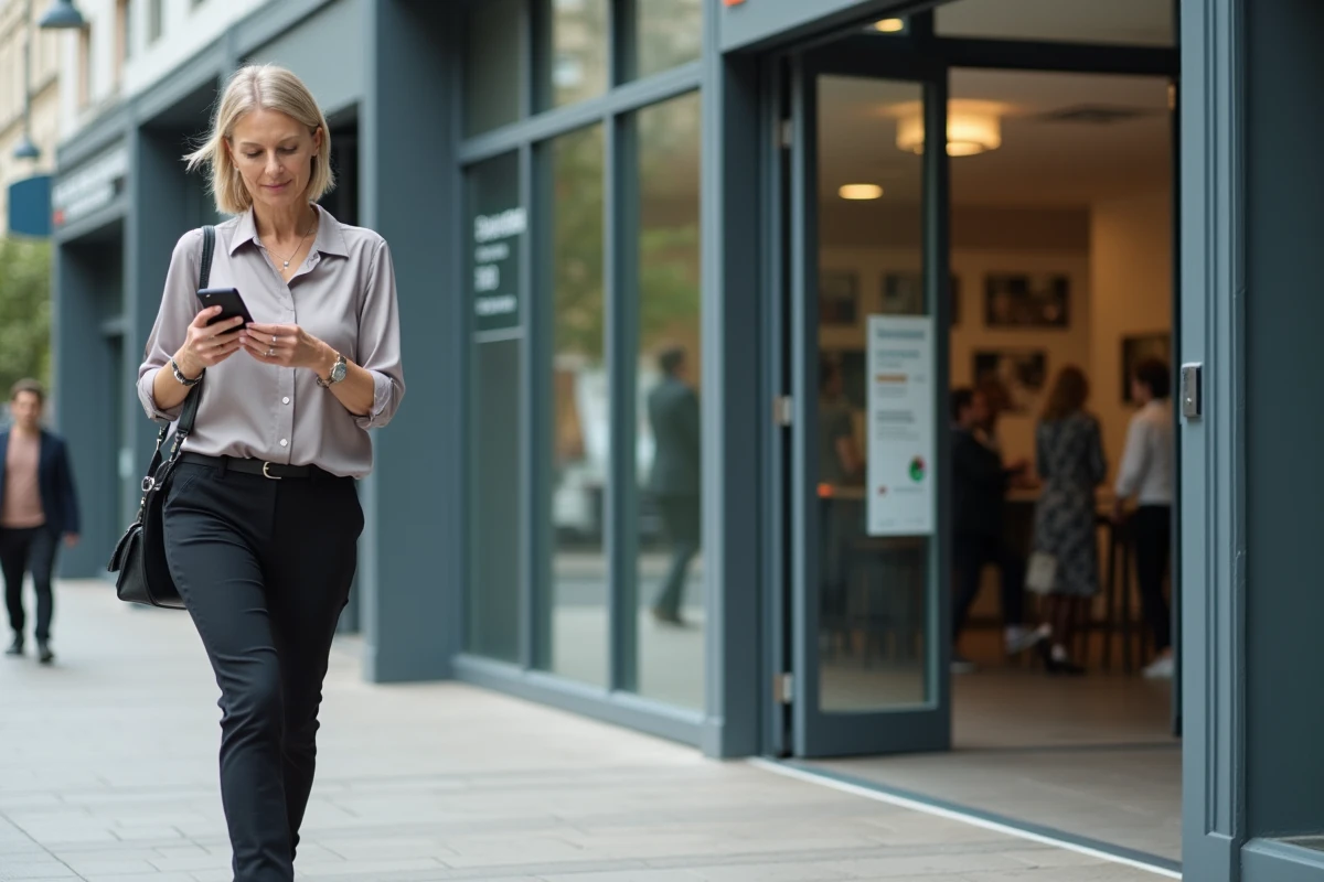 Femme marchant devant un centre emploi avec téléphone