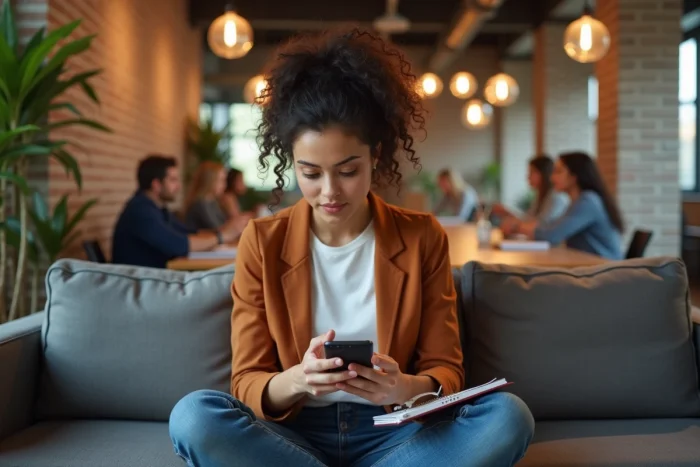 Jeune femme entrepreneuse consultant son smartphone et ses notes dans un espace de co-working créatif