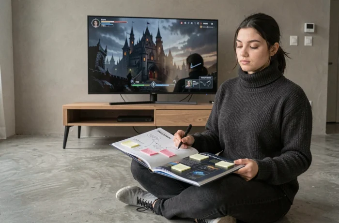 Jeune femme consultant un guide de stratégie Bloodborne avec écran de jeu en arrière-plan