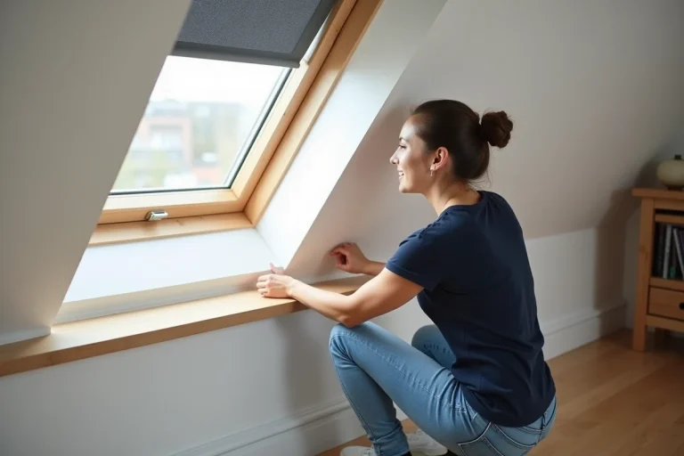 Femme posant une isolation sur une fenêtre Velux dans une chambre moderne