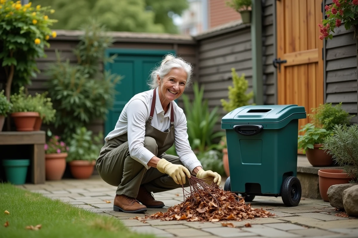 Femme âgée ramassant des feuilles près d