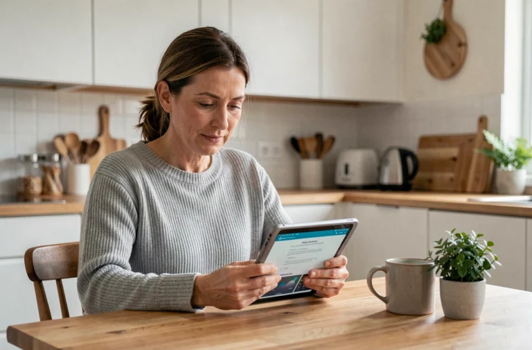 Femme lisant des informations santé sur une tablette dans une cuisine moderne au quotidien