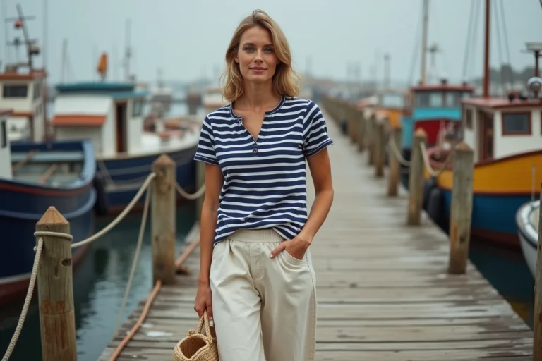 Femme en marinière rayée bleue et blanc avec pantalon en lin et sac en jonc de mer sur un ponton en bois, style mode marine responsable