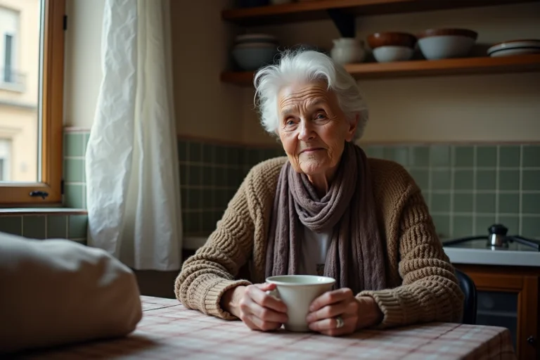 Femme nonagenaire souriante avec tasse dans un appartement cozy