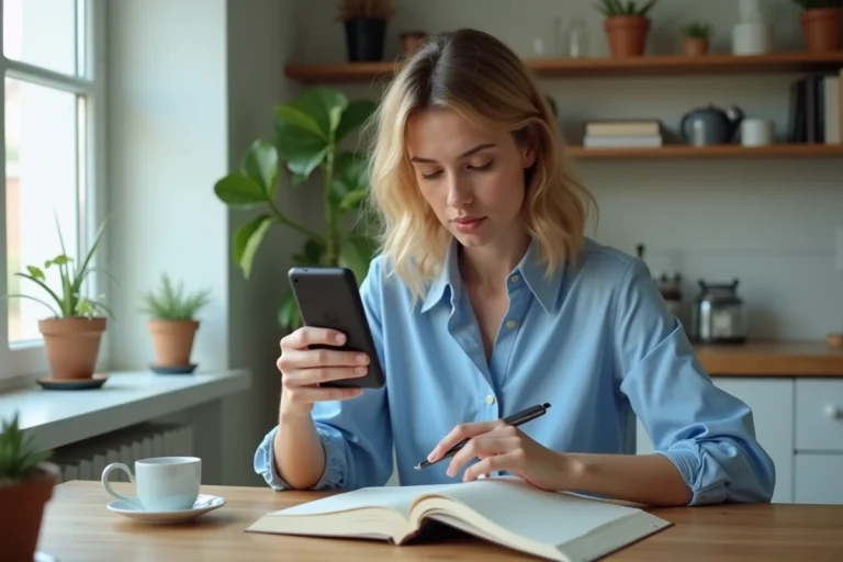 Jeune femme concentrée utilisant son smartphone dans une cuisine lumineuse