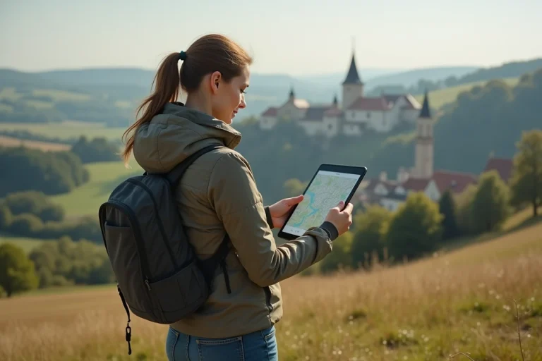 Jeune femme en plein air avec tablette dans la nature