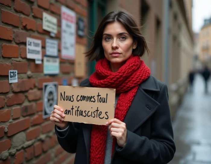 Femme tenant un panneau 'Nous sommes tous antifascistes' devant un mur de briques urbain