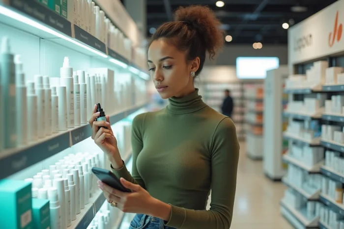 Frau in der Apotheke, die ein Pflegeprodukt mit Kundenbewertungen auf ihrem Smartphone im Kosmetikregal vergleicht