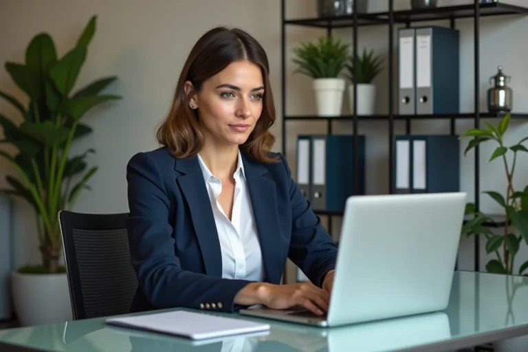Femme professionnelle travaillant sur son ordinateur dans un bureau moderne