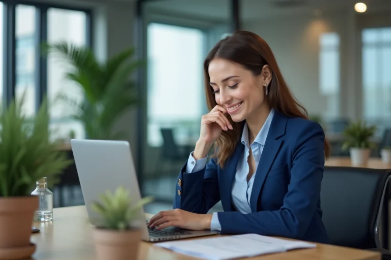 Femme en blazer bleu lors d'un appel vidéo au bureau