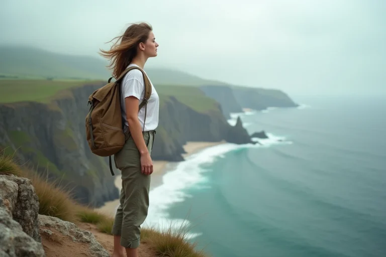 Jeune femme contemplant la côte depuis un sommet de falaise