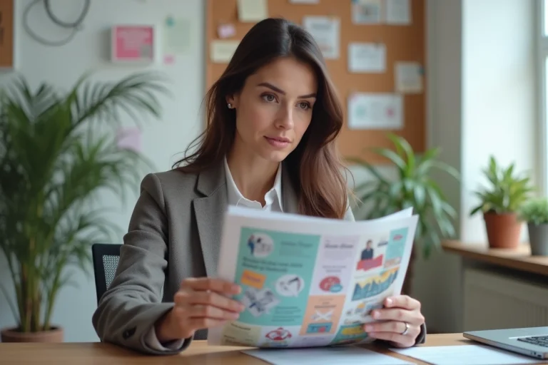 Femme en blazer regardant des flyers dans un bureau moderne