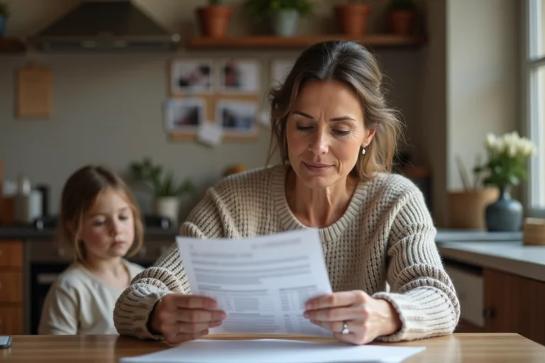Femme examine une déclaration de pension dans la cuisine