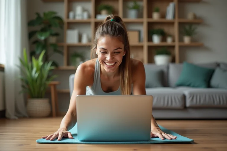 Femme en sport en ligne dans son salon moderne