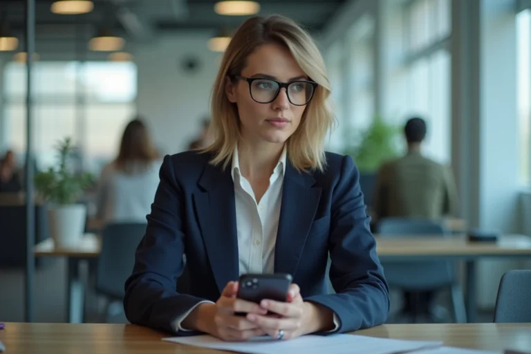 Femme professionnelle utilisant discrètement son smartphone au bureau pour consulter des stories anonymes