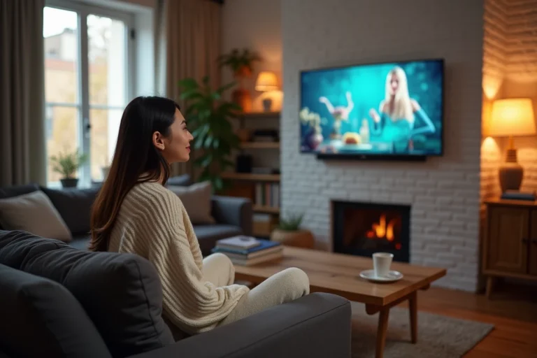 Jeune femme regardant un service de streaming gratuit sur un grand écran TV dans son salon moderne