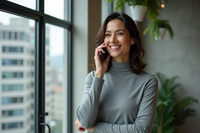 Femme parlant au téléphone dans un espace de coworking pour joindre un contact professionnel