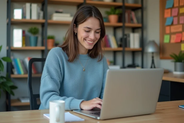 Jeune femme travaillant sur son ordinateur dans un bureau à domicile