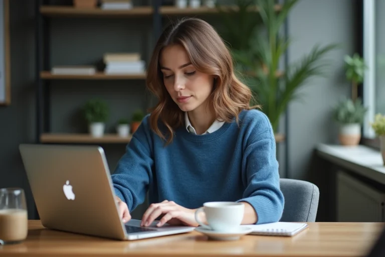 Femme concentrée travaillant sur son MacBook dans un bureau moderne