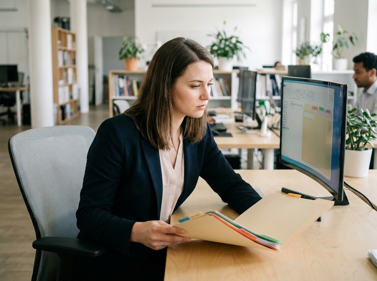 Jeune femme triant des fichiers dans un bureau contemporain