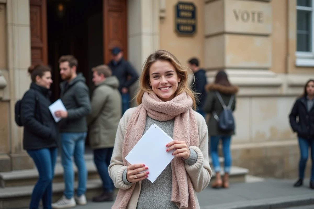 Jeune femme votant devant la mairie en France