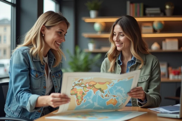 Femme voyageuse discutant avec une agente dans un bureau moderne