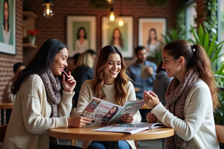 Trois femmes lisant un magazine féminin dans un café chaleureux
