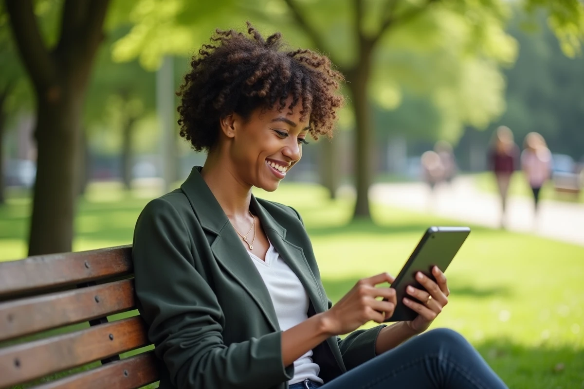Jeune femme souriante lisant un magazine sur une banquette de parc