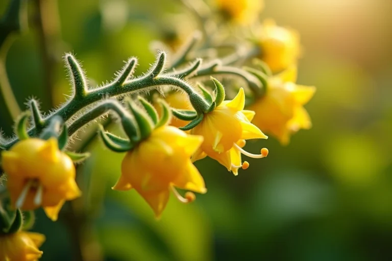 Gros plan sur des fleurs jaunes de plants de tomates en pleine floraison, avec bourgeons et fleurs ouvertes sur une branche couverte de poils fins