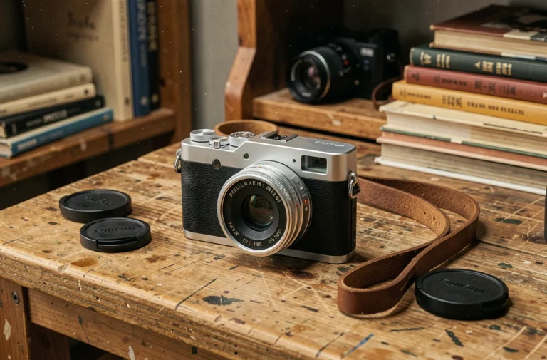 Fujifilm X-E1 posé sur une table en bois dans un atelier de photographe, vue en plongée légère avec détails des molettes rétro et de la sangle en cuir