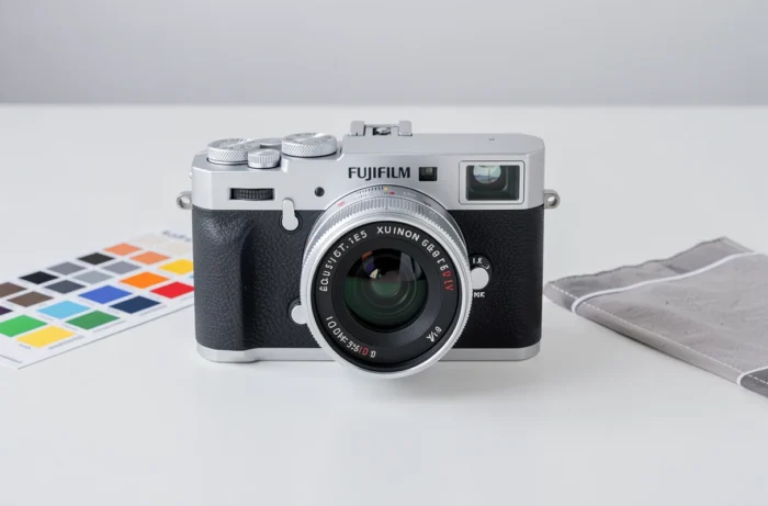 Vue frontale du Fujifilm X-E1 avec objectif Fujinon 35mm sur fond blanc épuré, idéal pour test et revue technique du boîtier hybride