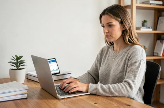 Femme gérant son assurance auto en ligne depuis son espace client sur un ordinateur portable à domicile