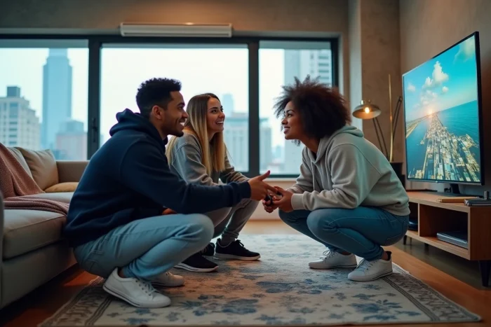 Groupe d'amis découvrant ensemble un nouveau service de streaming gratuit dans un appartement urbain