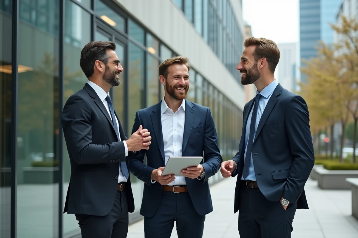 Groupe de professionnels discutant devant un bâtiment contemporain