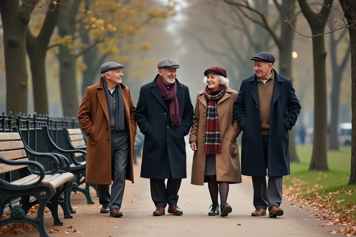 Groupe de seniors marchant dans un parc parisien au printemps