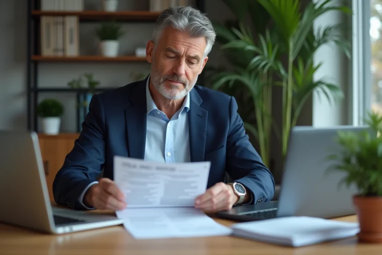 Homme d'affaires en costume examine un avis d'impot dans un bureau moderne