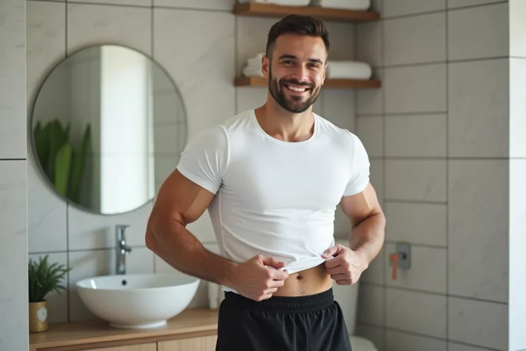 Homme musclé en salle de bain moderne souriant