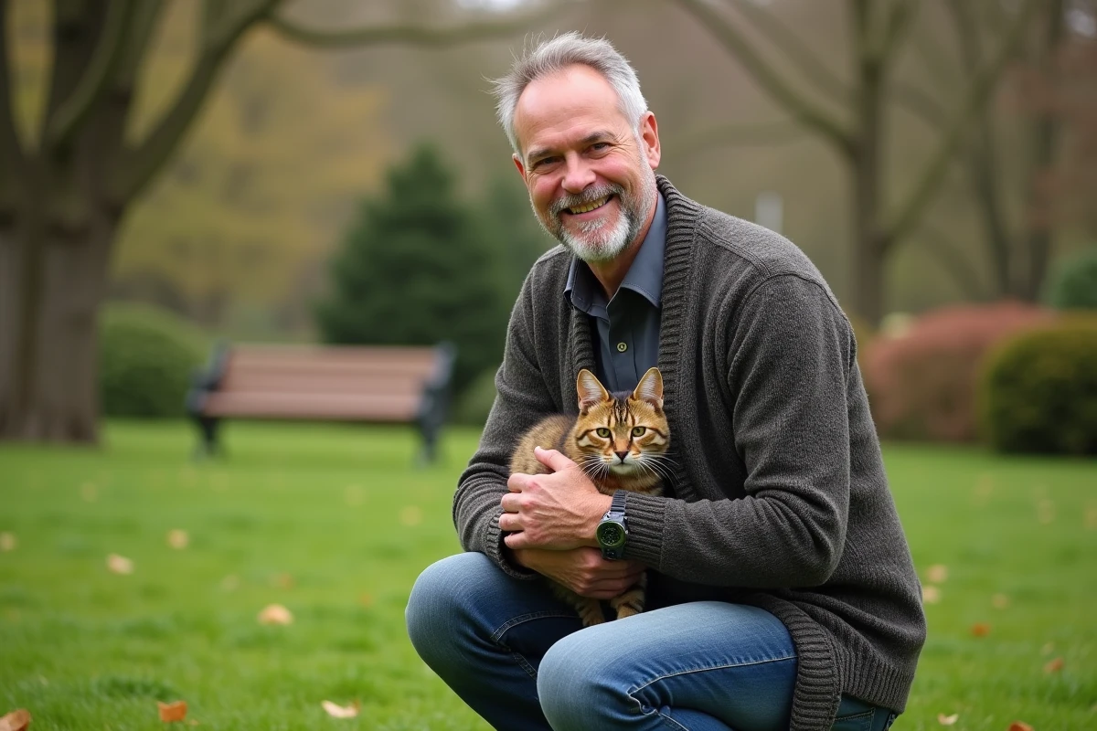 Homme avec un chat adopté dans un parc verdoyant