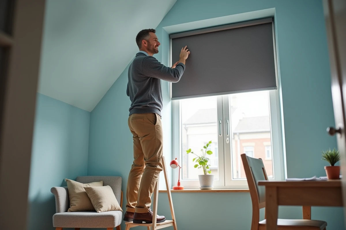 Homme souriant installant un rideau occultant dans un bureau à la maison