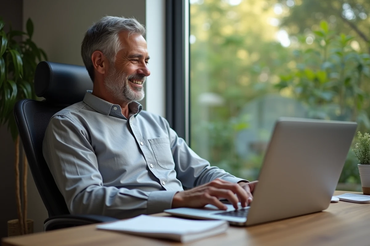 Homme détendu vérifiant ses emails dans un bureau à domicile
