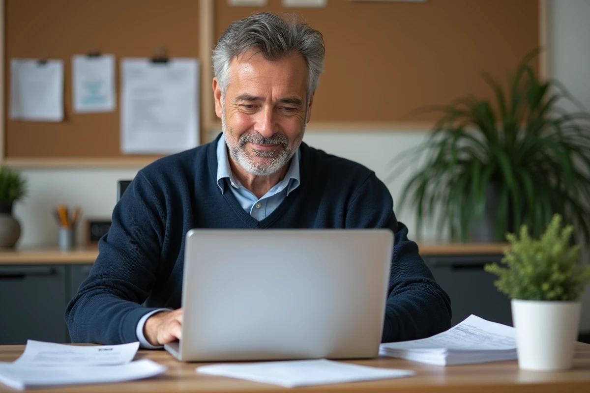 Homme d age moyen triant ses reçus dans son bureau à domicile