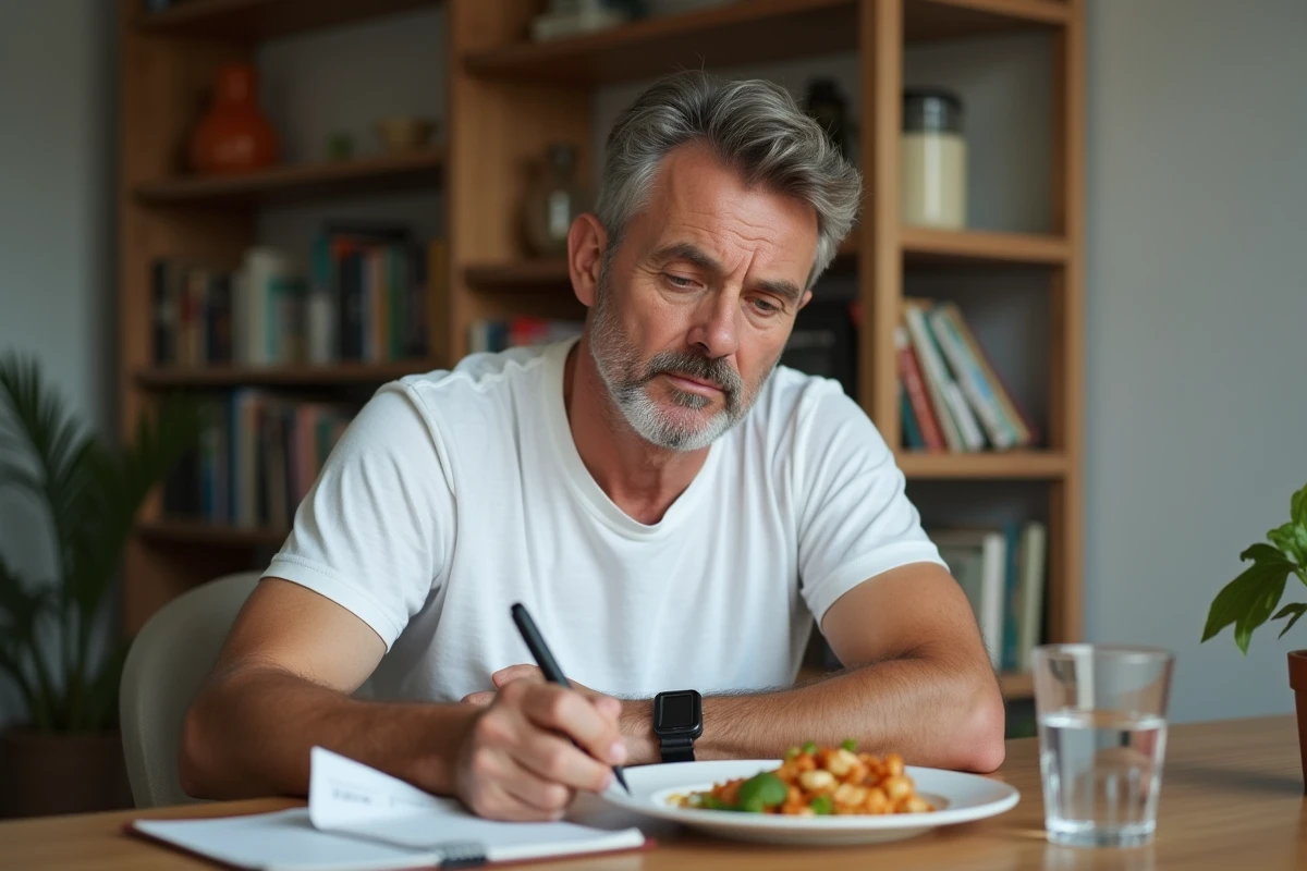 Homme réfléchit à son dîner à la table