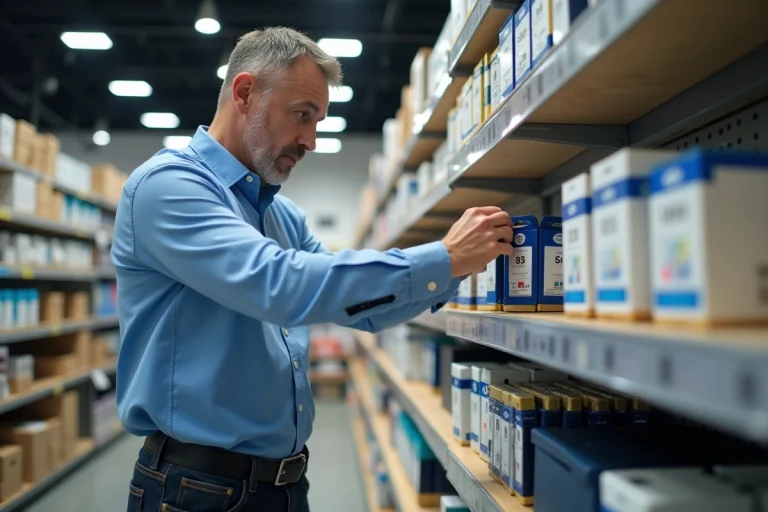 Homme d'âge moyen examine des cartouches d'encre en magasin