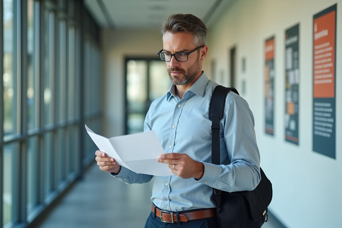 Homme d affaires étudiant examinant des documents dans un couloir universitaire
