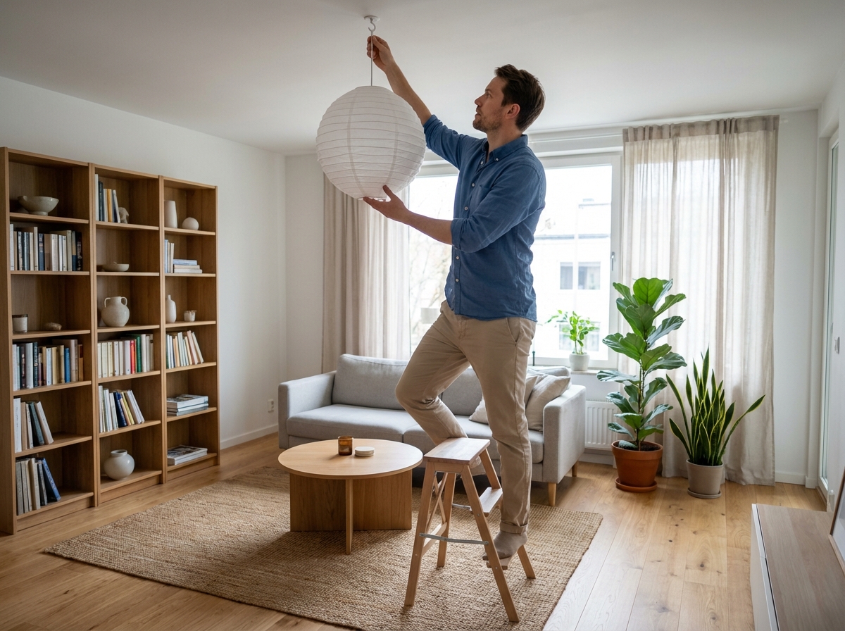 Homme pose lampe en papier dans son appartement moderne