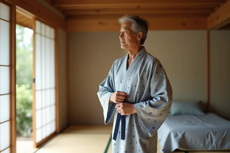Homme japonais en yukata ajustant sa ceinture dans une chambre de ryokan