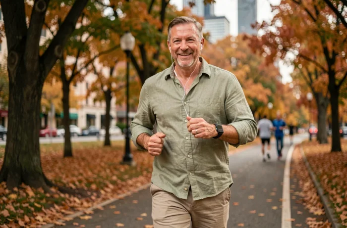 Homme d'âge mûr faisant du jogging dans un parc urbain pour prendre soin de sa santé