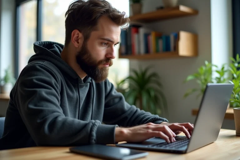 Homme barbu utilisant un ordinateur portable Linux dans un bureau moderne